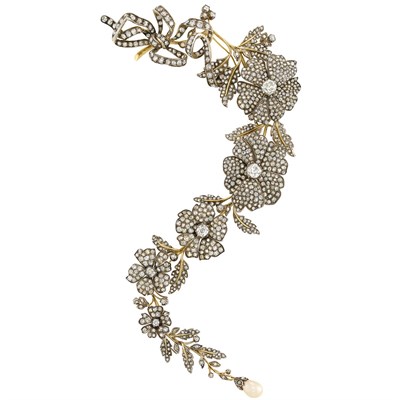 Lot 320 - Silver, Gold, Diamond and Natural Pearl Corsage Brooch