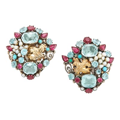 Lot 463 - Pair of Arts and Crafts Silver, Gold, Multicolored Stone, Turquoise and Pearl Clips, Attributed to Dorrie Nossiter