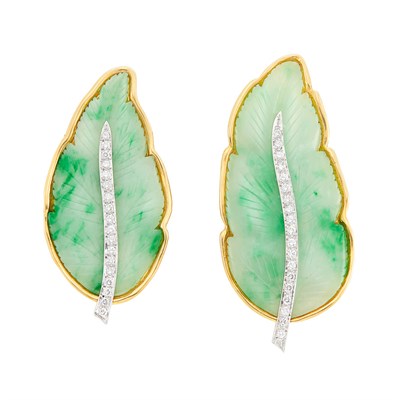 Lot 511 - Pair of Two-Color Gold, Carved Jade and Diamond Leaf Brooches, Emis