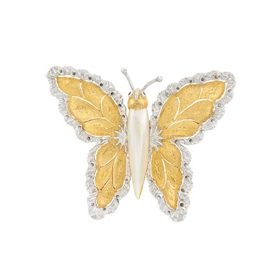 Lot 198 - Two-Color Gold, Freshwater Pearl and Ruby Butterfly Clip-Brooch, Buccellati