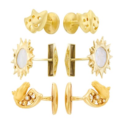 Lot 126 - Three Pairs of Gold, Mother-of-Pearl and Diamond Cufflinks