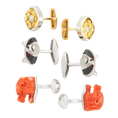 Lot 132 - Three Pairs of Two-Color Gold, Rough Diamond, Gold Nugget, Carved Coral and Diamond Cufflinks