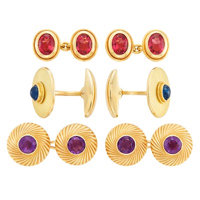 Lot 140 - Pair of Gold, Cabochon Sapphire and Enamel Cufflinks, Deakin & Francis, and Two Pairs of Gold and Gem-Set Cufflinks