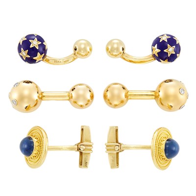 Lot 117 - Three Pairs of Gold, High Karat Gold, Enamel, Cabochon Sapphire and Diamond Cufflinks