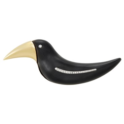 Lot 424 - Gold, Platinum, Ebony and Diamond Bird Clip-Brooch, Vhernier