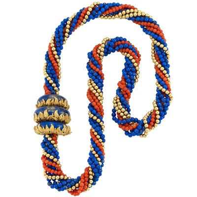 Lot 35 - Long Multistrand Coral, Lapis and Gold Bead Torsade Necklace with Gold and Lapis Clasp, Wander, France