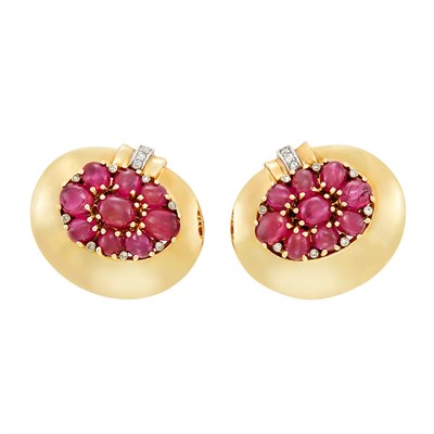Lot 217 - Pair of Gold, Cabochon Ruby and Diamond Earclips, Trabert & Hoeffer, Mauboussin