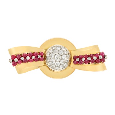 Lot 218 - Gold, Platinum, Diamond and Cabochon Ruby Bow Clip-Brooch, Mauboussin