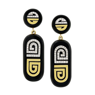 Lot 43 - Pair of Two-Color Gold, Black Onyx and Diamond Pendant-Earrings, La Triomphe