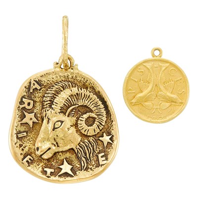 Lot 624 - Gold Pisces Pendant, Cartier, and Gold Aries Pendant, Gioconda
