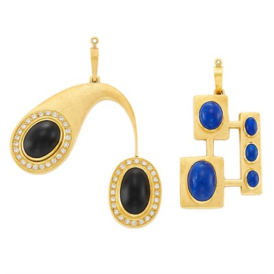 Lot 354 - Gold and Lapis Pendant and Gold, Black Onyx and Diamond Pendant, Burle Marx
