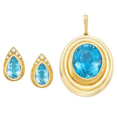 Lot 516 - Pair of Gold, Blue Topaz and Diamond Earclips and Pendant, Burle Marx