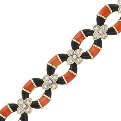 Lot 5 - Two-Color Gold, Coral, Black Onyx and Diamond Bracelet