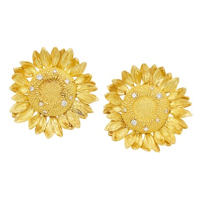 Lot 477 - Pair of Gold and Diamond Sunflower Earclips, Asprey