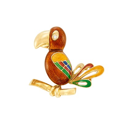 Lot 21 - Gold, Multicolored Enamel and Diamond Parrot Clip-Brooch, Bulgari