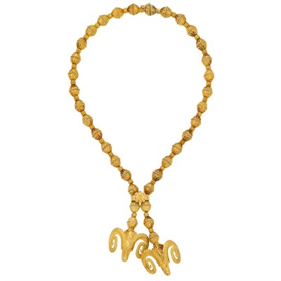 Lot 632 - Granulated Gold Bead Ram's Head Lariat Necklace