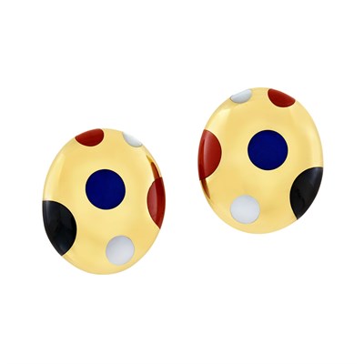 Lot 38 - Pair of Gold, Black Jade, Lapis, Jasper and Mother-of-Pearl 'Polka Dot' Earrings, Tiffany & Co.