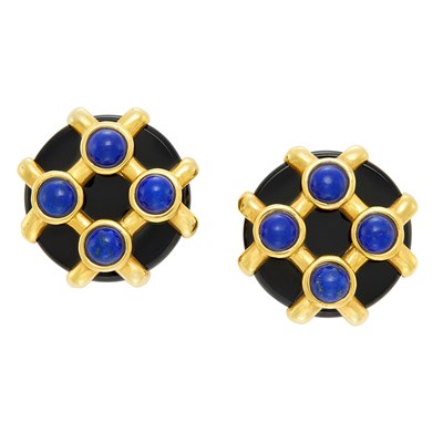 Lot 353 - Pair of Gold, Black Onyx and Lapis Earclips, Cartier, Aldo Cipullo
