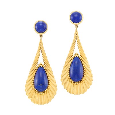 Lot 36 - Pair of Gold and Lapis Pendant-Earrings