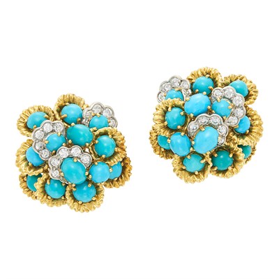Lot 344 - Pair of Gold, Platinum, Turquoise and Diamond Earclips, France