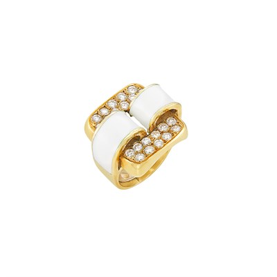 Lot 9 - Gold, White Enamel and Diamond Ring