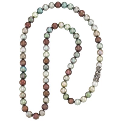 Lot 56 - Multicolored Tahitian Gray and Chocolate Cultured Pearl Necklace with Blackened White Gold and Colored Diamond Clasp