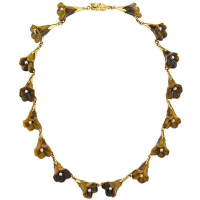 Lot 11 - Gold, Carved Tiger's Eye and Diamond Flower Necklace