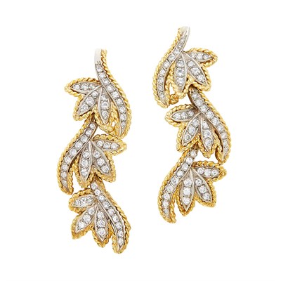 Lot 199 - Pair of Two-Color Gold and Diamond Pendant-Earclips