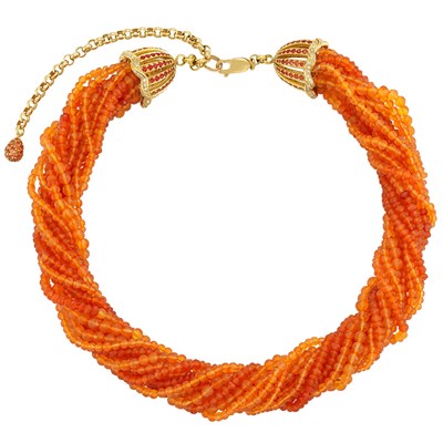Lot 590 - Multistrand Fire Opal Bead Torsade Necklace with Gold, Spessartite Garnet and Diamond Clasp
