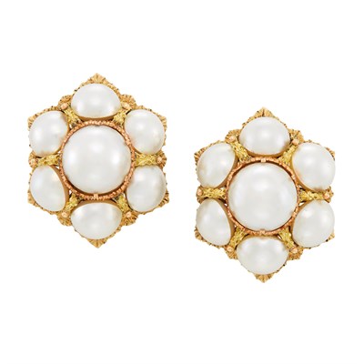 Lot 617 - Pair of Two-Color Gold and Mabé Pearl Earclips