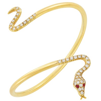 Lot 470 - Gold, Diamond and Ruby Snake Bangle Bracelet