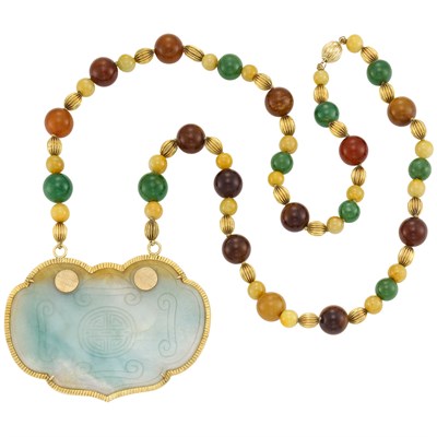Lot 504 - Long Multicolored Jade and Gold Bead and Carved Jade Pendant-Necklace