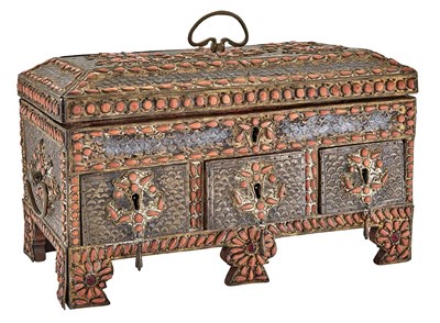 Lot 372 - Colored Glass 'Jewel'-and Coral-Mounted Metal...