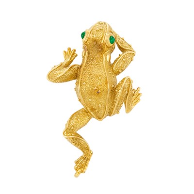Lot 612 - Gold and Cabochon Emerald Frog Clip-Brooch