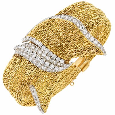 Lot 206 - Lady's Gold, Platinum and Diamond Mesh Bracelet-Watch, Piaget