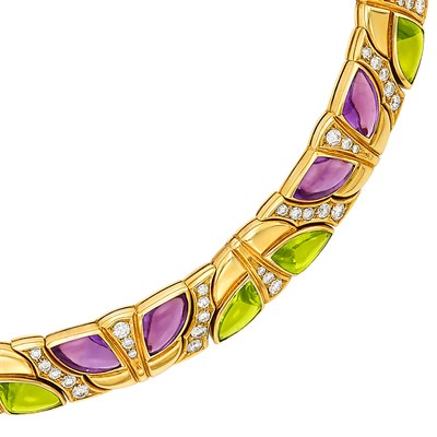 Lot 75 - Gold, Cabochon Amethyst and Peridot and Diamond Necklace, Bulgari
