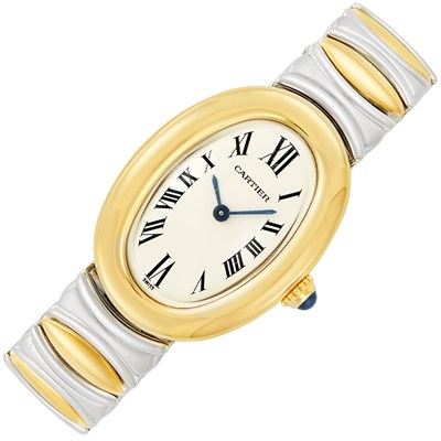 Lot 155 - Lady's Stainless Steel and Gold 'Baignoire' Wristwatch, Cartier