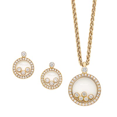Lot 184 - Gold, Diamond and Crystal 'Happy Diamond' Pendant-Necklace and Pair of Earrings, Chopard