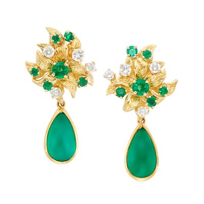 Lot 372 - Pair of Gold, Diamond, Emerald and Cabochon Emerald Pendant-Earclips, Julius Cohen