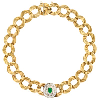 Lot 605 - Gold, Cabochon Emerald and Diamond Link Necklace