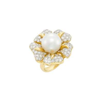 Lot 42 - Two-Color Gold, South Sea Cultured Pearl and Diamond Flower Ring