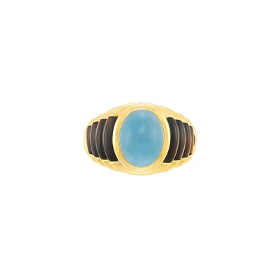 Lot 528 - Gold, Cabochon Blue Topaz and Gray Mother-of-Pearl Ring, Mauboussin, Paris
