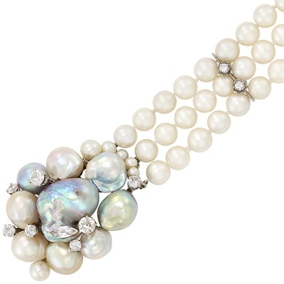 Lot 529 - Triple Strand Cultured Pearl, Diamond and Baroque Cultured Pearl Bracelet