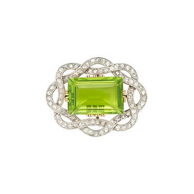 Lot 460 - Antique Platinum, Gold, Peridot and Diamond Brooch