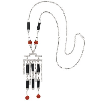 Lot 53 - White Gold, Black Onyx, Carnelian Bead and Diamond Pendant-Necklace