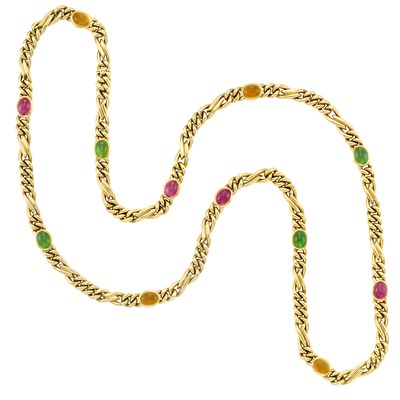 Lot 645 - Long Gold and Cabochon Colored Stone Chain Necklace, Bulgari