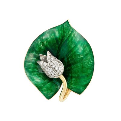 Lot 641 - Gold, Platinum, Green Guilloché Enamel and Diamond Leaf Clip-Brooch, Boucheron, Paris
