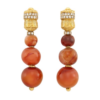 Lot 652 - Pair of Gold, Diamond and Carnelian Bead Pendant-Earclips, Boucheron, France