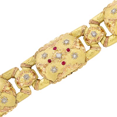 Lot 560 - Tricolor Gold, Diamond and Cabochon Ruby Link Bracelet, Cazzaniga