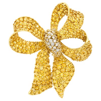 Lot 297 - Gold, Yellow Sapphire and Diamond Bow Clip-Brooch